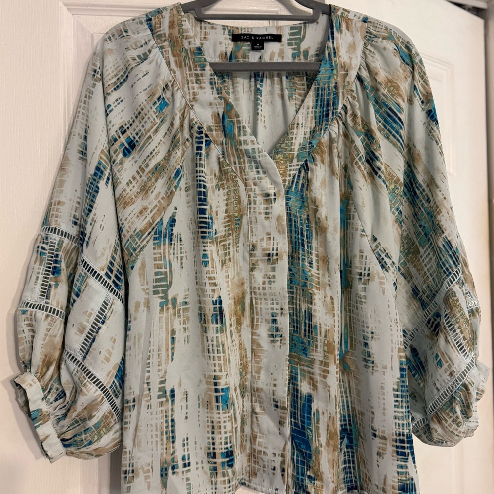 Zac & Rachel Gray and Green 3/4 Sleeve Blouse with Mandarin Collar